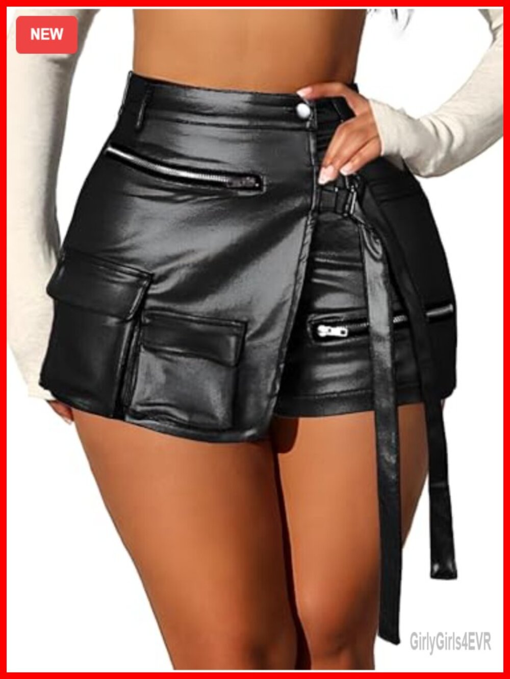 Faux Leather High Waisted Asymmetrical Cargo Skort with Pockets